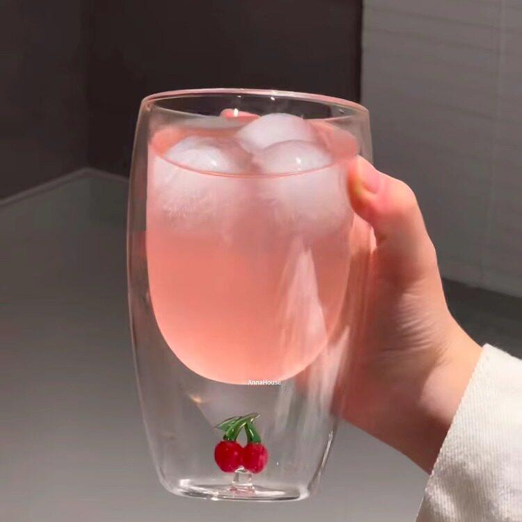 樱桃玻璃杯女高颜值牛奶冷饮果酒杯酒吧红酒杯高端双层隔热咖啡杯