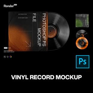 3款潮流复古黑胶CD唱片专辑封面设计作品贴图ps样机素材展示效果