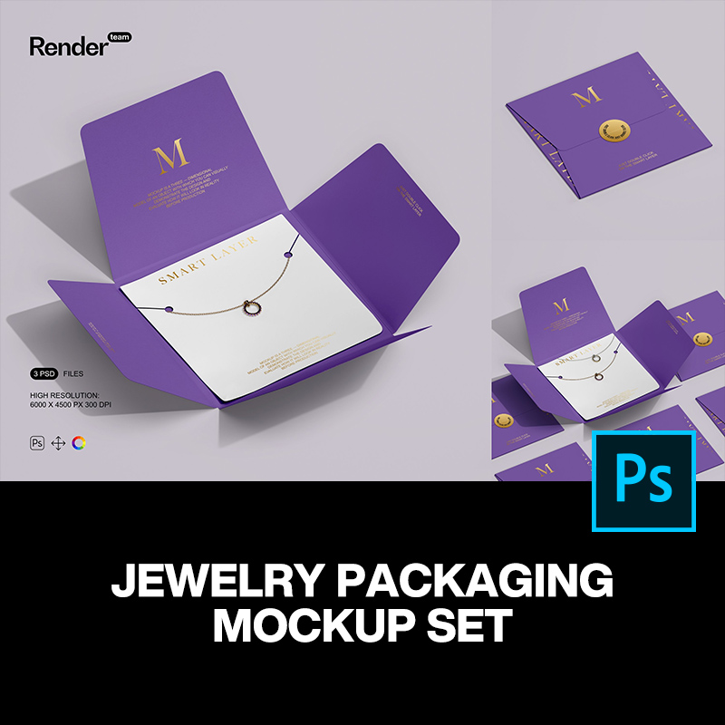 3款正方形信封珠宝项链纸盒包装设计贴图ps样机素材展示效果图