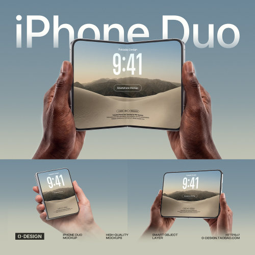 手拿iPhone Duo苹果折叠屏手机广告UI设计展示效果贴图psd样机