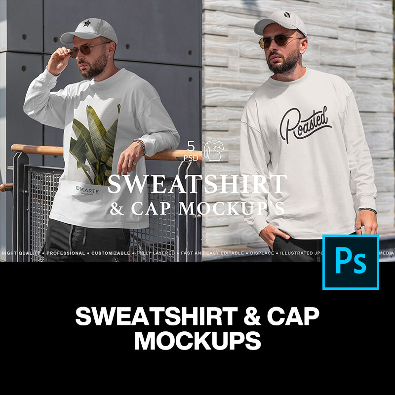 5款街头潮人街拍套头长袖卫衣服装印花图案设计贴图ps样机素材