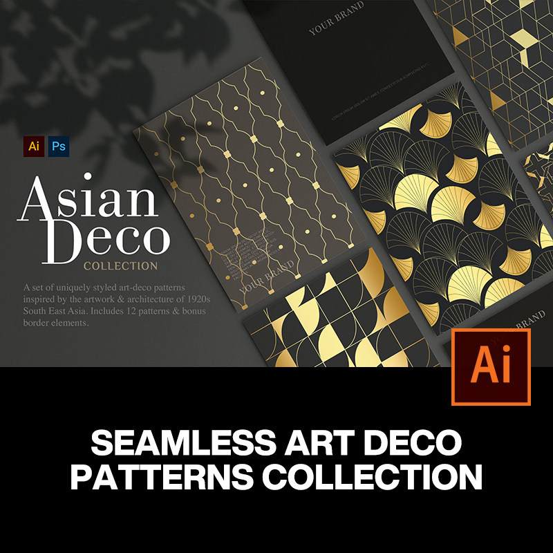 12款现代极简中式art deco艺术装饰图案纹样无缝拼接背景底纹素材