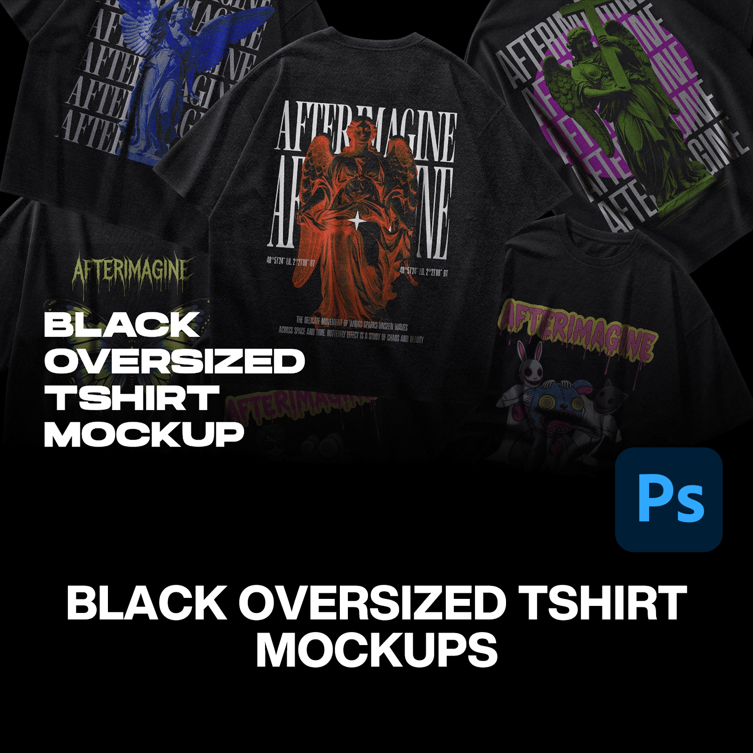 6款潮牌Oversize大码落肩平铺短袖T恤服装设计展示效果图ps样机