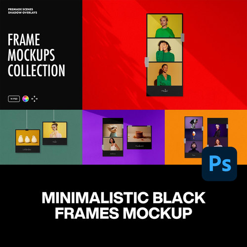 14款黑色宝丽来一次成像立拍得组合相框照片展示效果图ps样机素材