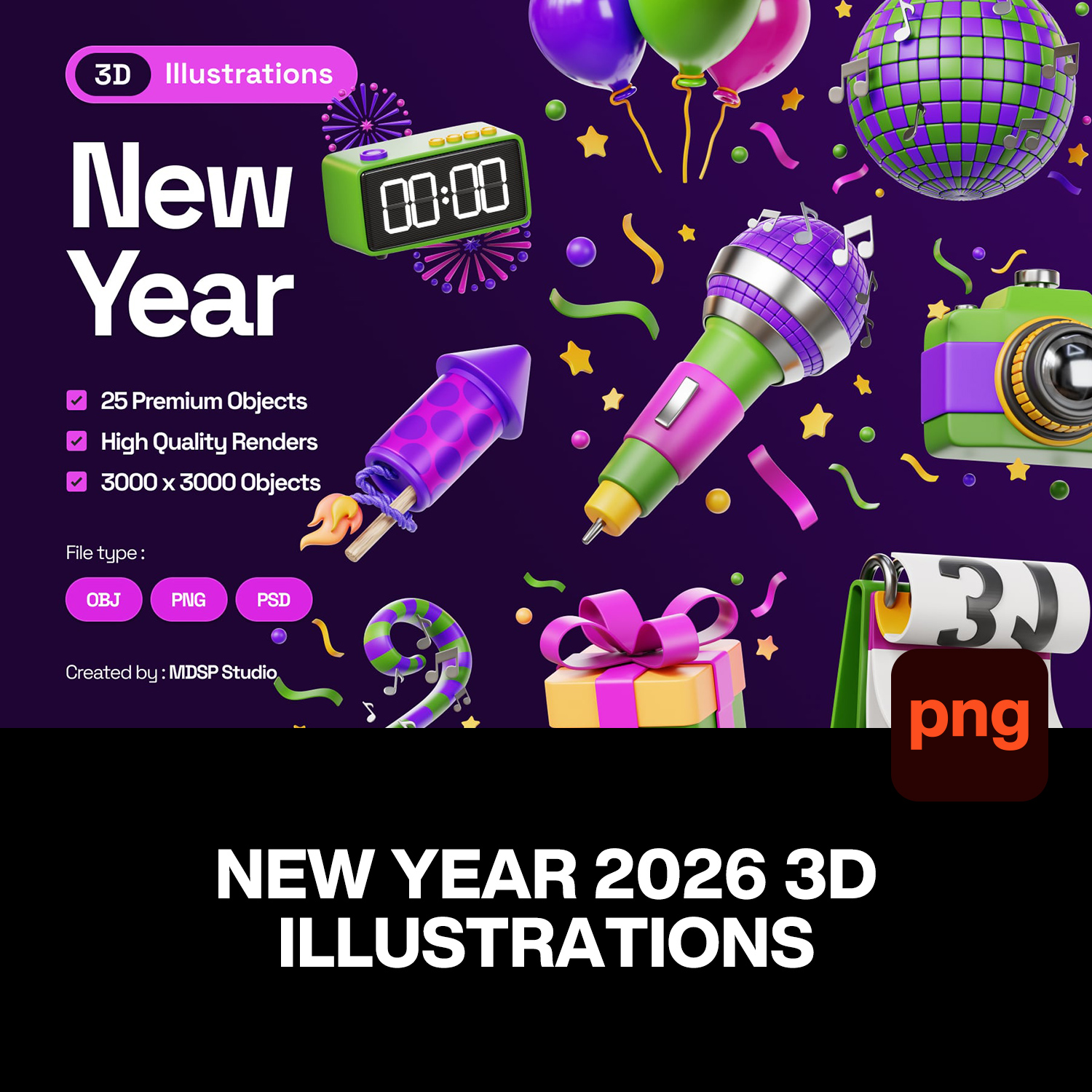 25款3D时尚新年倒计时派对跨年电商大促插图插画png免抠图片素材