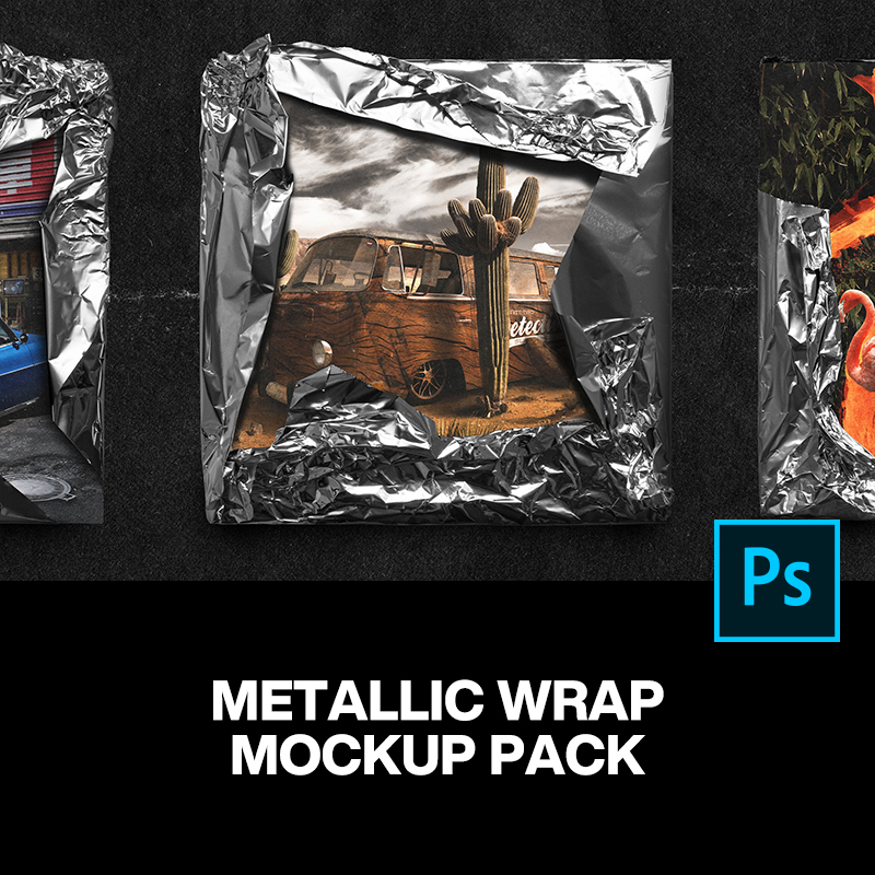 5款潮流褶皱金属铝箔CD盒专辑封面包装纸ps样机素材展示效果模板