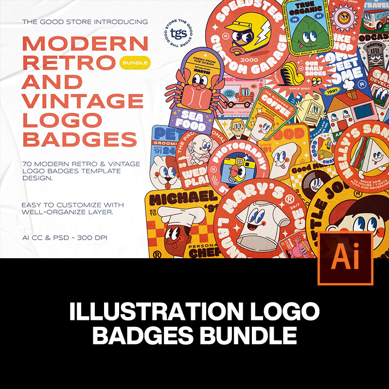 35款潮流卡通形象复古潮牌不干胶贴纸插图插画ai设计素材源文件