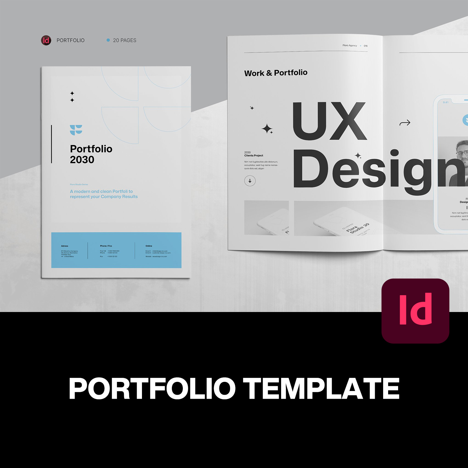 20页A4竖版蓝色现代简约时尚简历作品集画册排版设计id版式模板