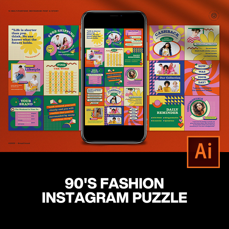 90年代时尚潮流复古撞色ins公众号推文海报排版设计ai版式模板