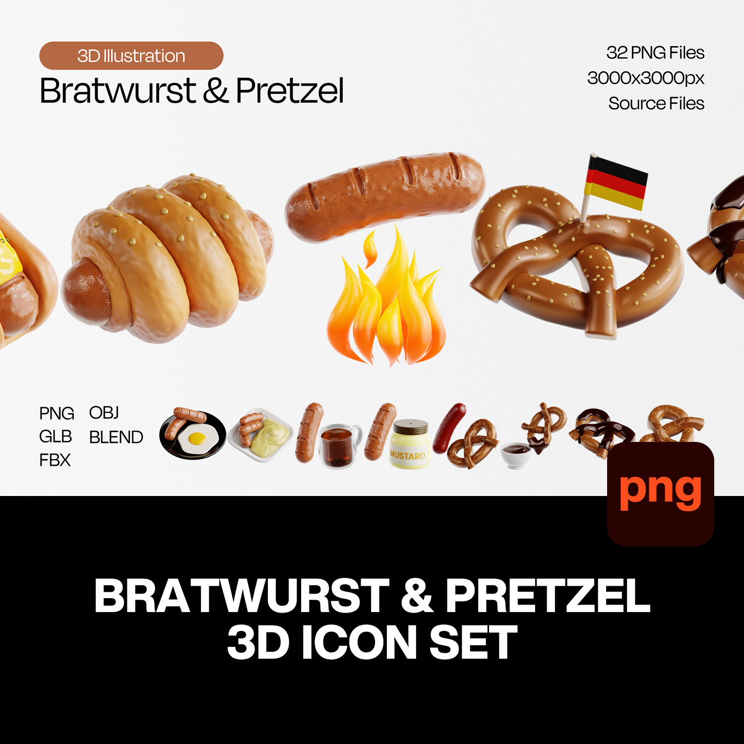 32款3D卡通扭结饼德式香肠面包热狗烤肠插画图标png免抠图片素材