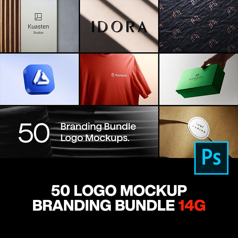 50款发光字店招logo海报包装服装吊牌品牌VI应用ps样机素材模板