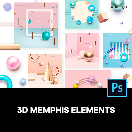 10款立体炫彩糖果色孟菲斯金属几何海报设计KV主视觉PSD分层素材
