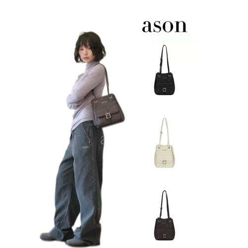 韩国新款ASON口袋包抽绳单肩手提包复古机车包百搭时尚斜挎小方包