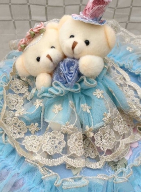 蓝色蕾丝小熊圆形外套式可拆洗垃圾桶套罩桌面收纳桶带有盖子纸篓