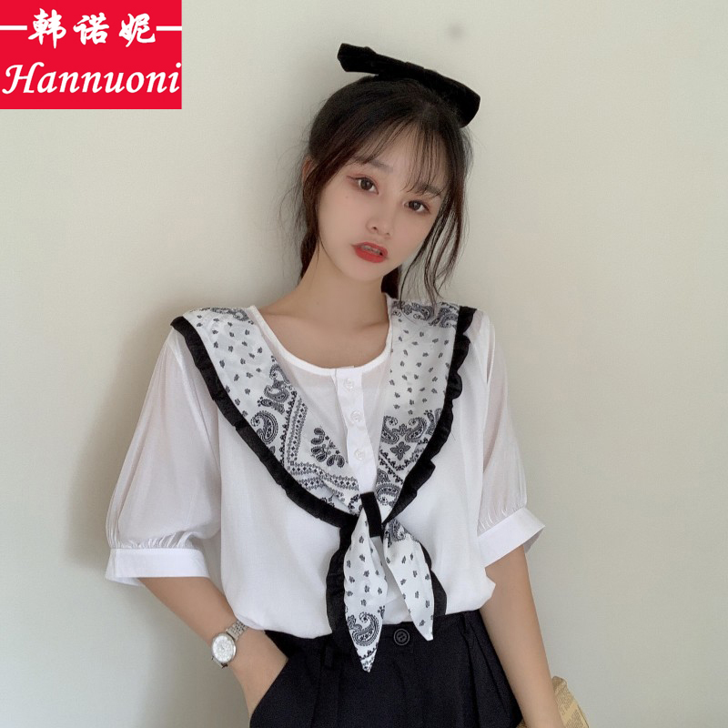 雪纺短袖衬衫女夏季韩版2020新款设计感小众披肩假两件学生上衣潮|msdalam kategori Butik wanita / wanita, shirt - dari Buy2taobao.com untuk memberikan perkhidmatan ejen Taobao profesional membeli