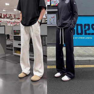 斜切休闲微喇裤 白花灰直筒弯刀卫裤 子美式 秋冬加绒垂感运动裤 男款