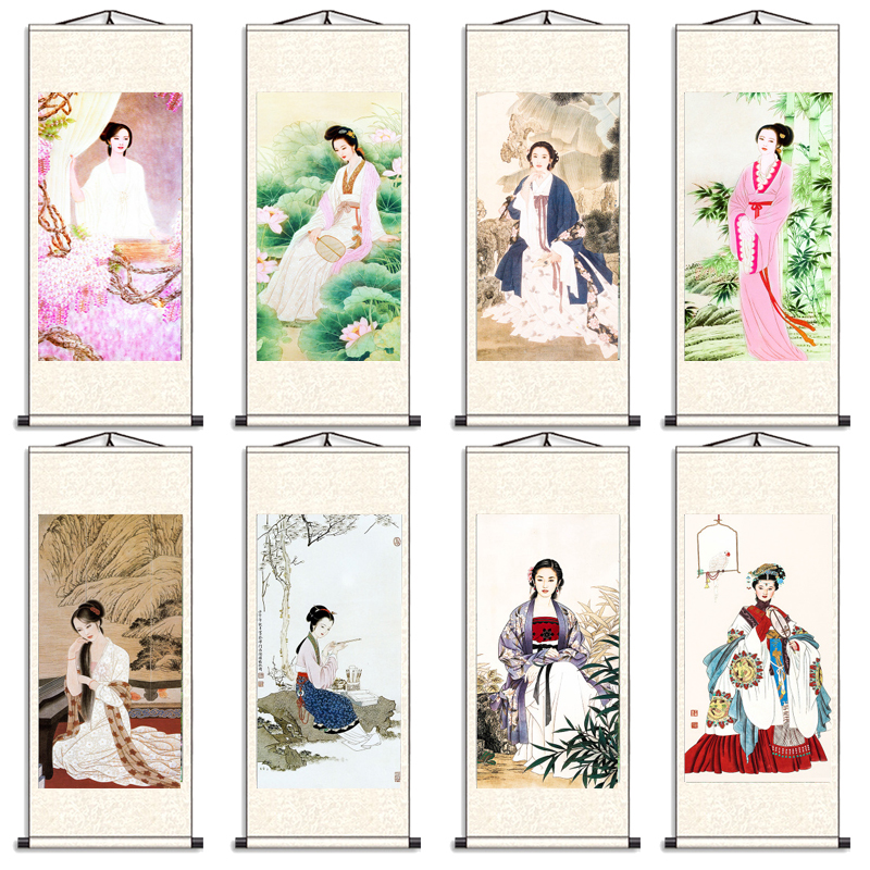 国画客厅字画人物工笔仕女图装饰画古代古典美人玄关竖版卷轴挂画