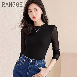 2025新款高端网纱蕾丝打底衫长袖高弹力女小高领薄款舞蹈上衣秋季