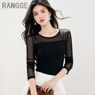 高弹网纱打底衫春秋圆领长袖T恤女修身瑜伽上衣透视薄款舞蹈纱衣