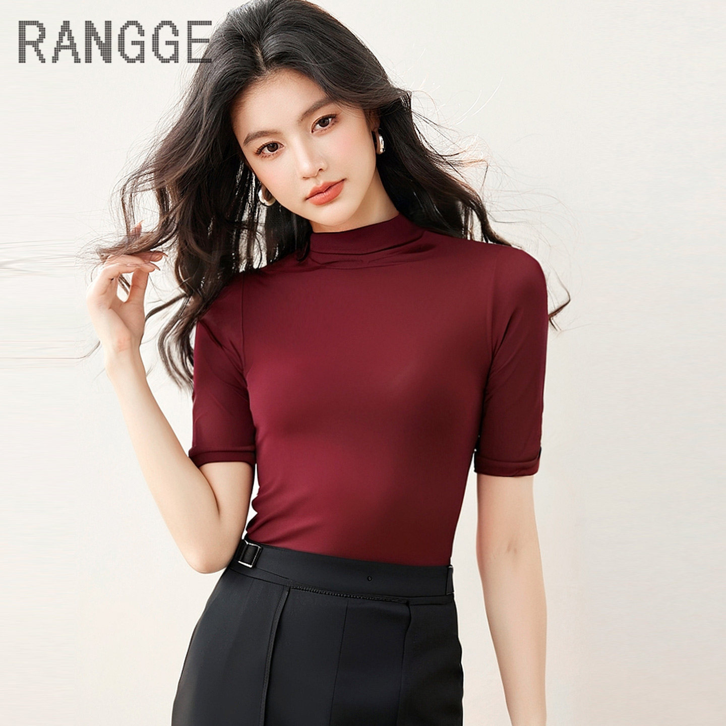 品牌网纱拉丁舞上衣半高领女薄款中袖T恤夏高弹力紧身形体训练服