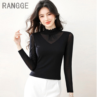 黑色半高领蕾丝上衣加绒网纱打底衫女长袖修身秋冬洋气高级感小衫