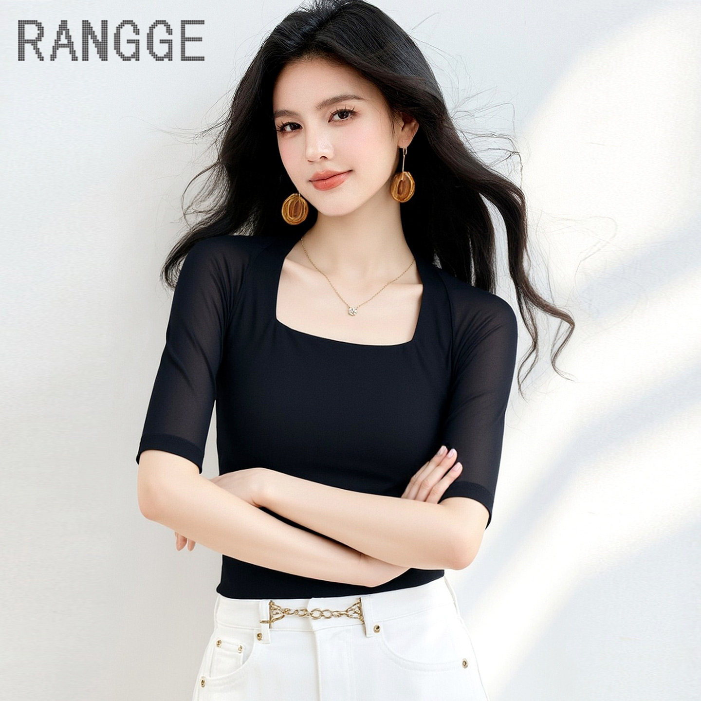 让格RANGGE方领网纱打底衫