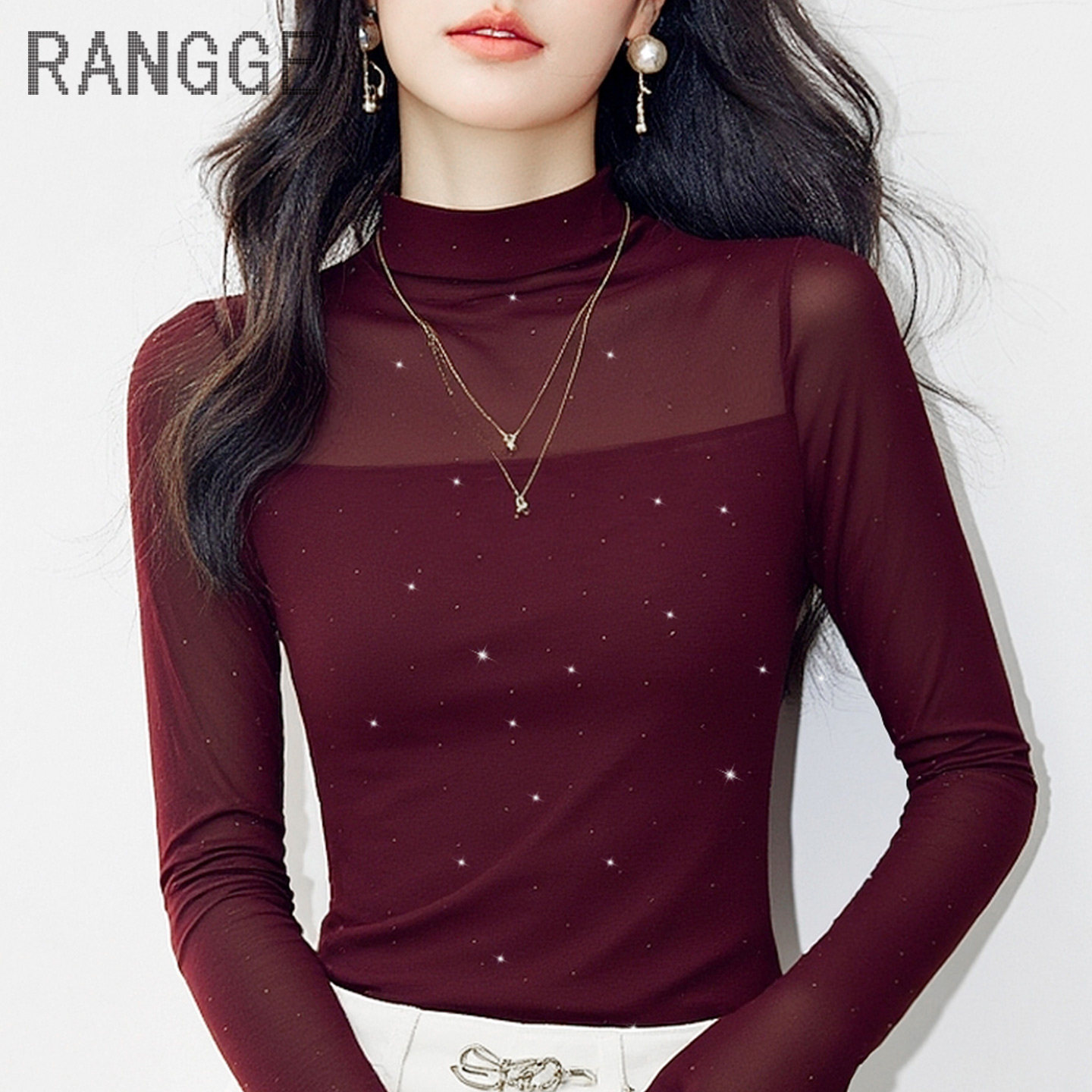 2025秋季新款国际大牌网纱上衣薄款高弹打底衫高领烫钻长袖T恤女,女装/女士精品,T恤,淘宝优惠券,粉丝福利购,淘宝优惠卷