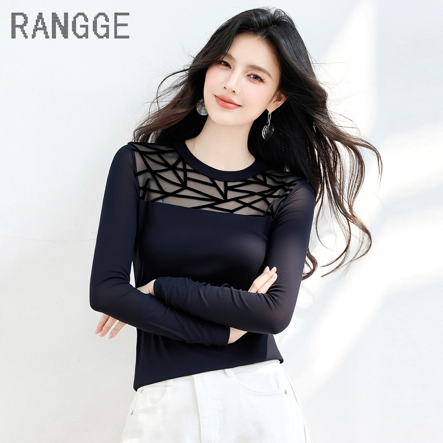 RANGGE黑色网纱长袖打底T恤女