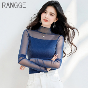 性感网纱高领长袖T恤女薄款透视纱衣打底衫洋气蕾丝上衣高弹力秋