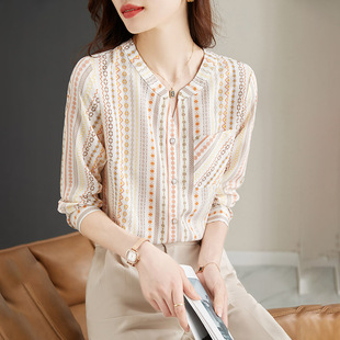 v领别致雪纺上衣洋气长袖 条纹印花衬衫 法式 2025年新款 衬衣 女秋季