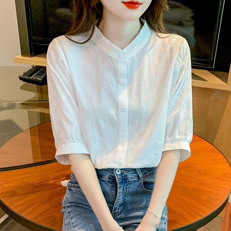 五分袖白色衬衫女士夏季薄款小个子显瘦气质中袖休闲衬衣