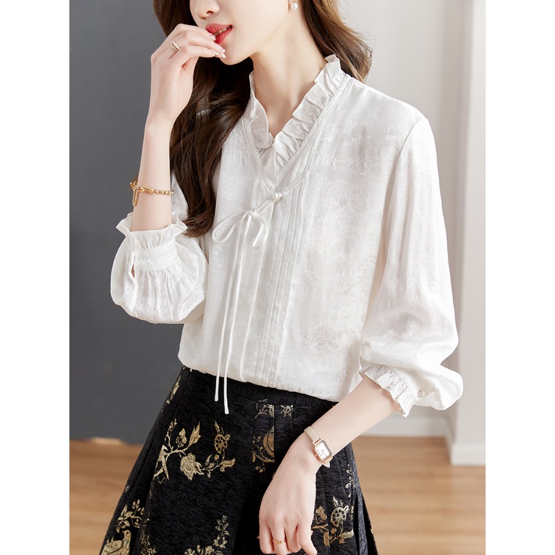长袖缎面白衬衫新中式国风衬衣