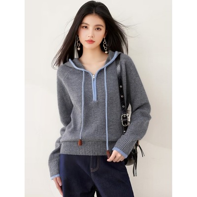 毛衣女款2025冬季拉链连帽针织衫