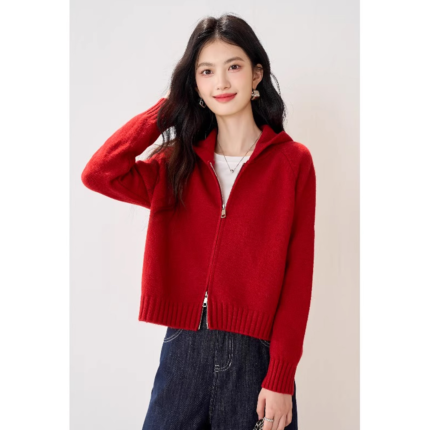 红色针织开衫女秋季连帽毛衣外套