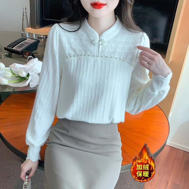 蕾丝打底衫女秋冬季2024新款国风盘扣新中式衬衫加绒加厚磨毛上衣
