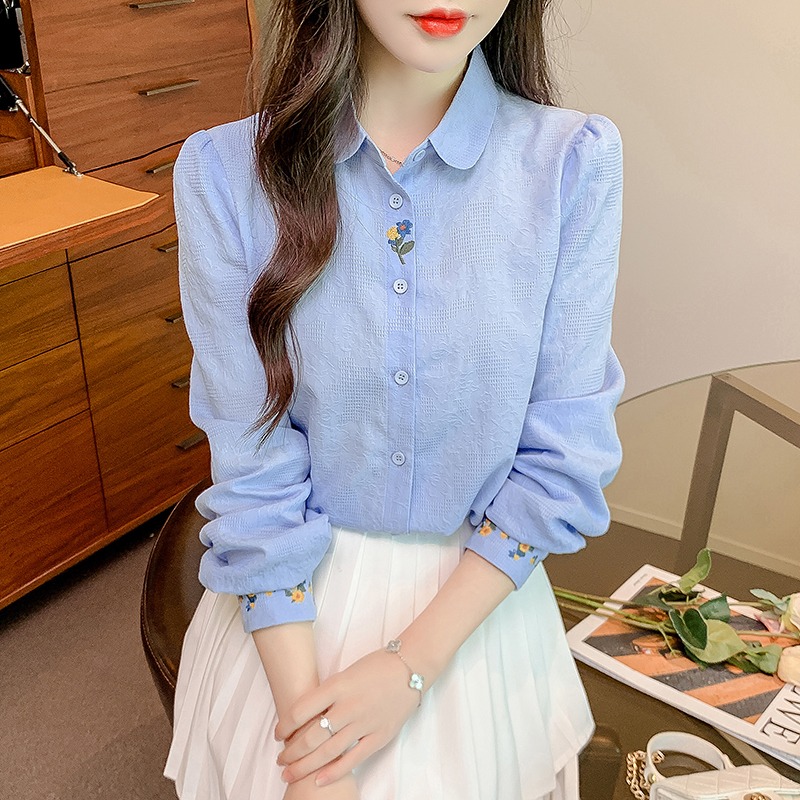 纯棉衬衫女春装刺绣泡泡袖衬衣