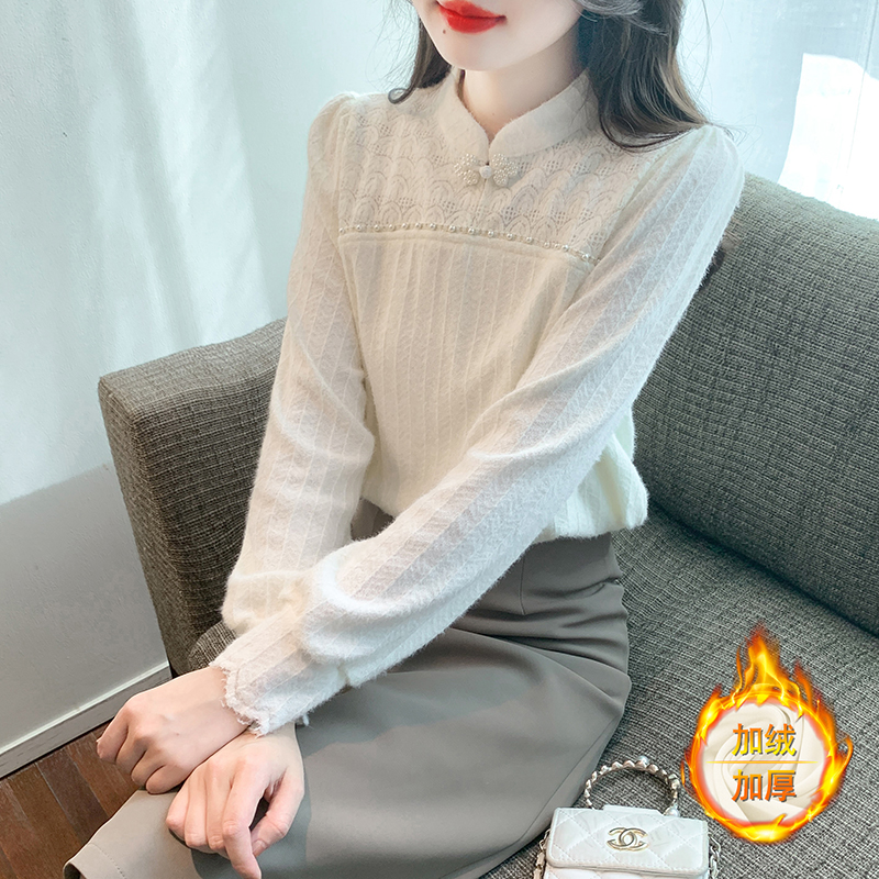 加绒加厚蕾丝打底衫国风新中式