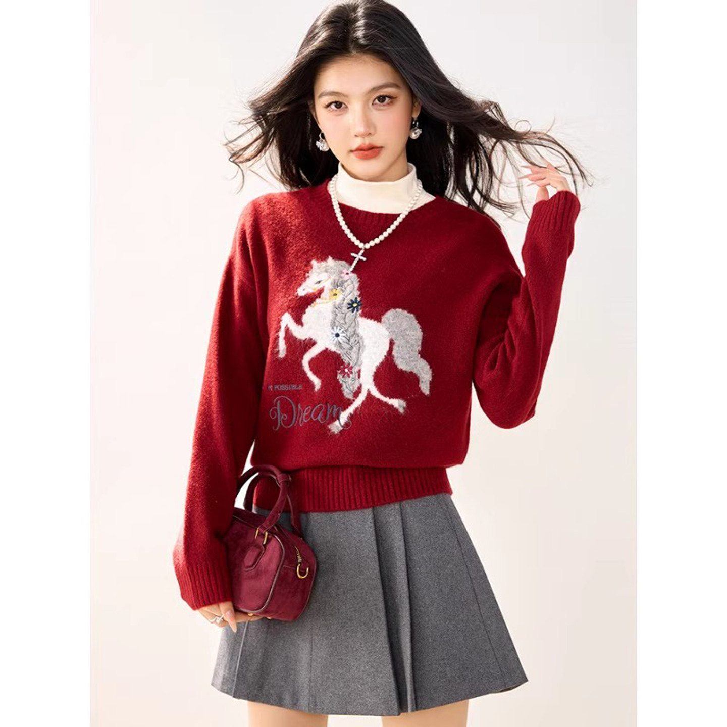 本命年新年红色毛衣女2025新款冬季绝美巨好看小马刺绣软糯针织衫