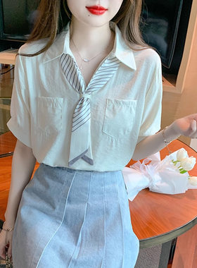 短袖衬衫女2025新款减龄飘带衬衣