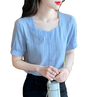 短袖纯棉衬衫法式设计绝美方领