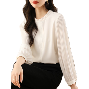 白衬衫女2026春季新款法式木耳领压褶泡泡袖雪纺上衣长袖打底衬衣