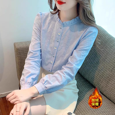 加绒纯棉衬衫秋冬木耳领内搭衬衣