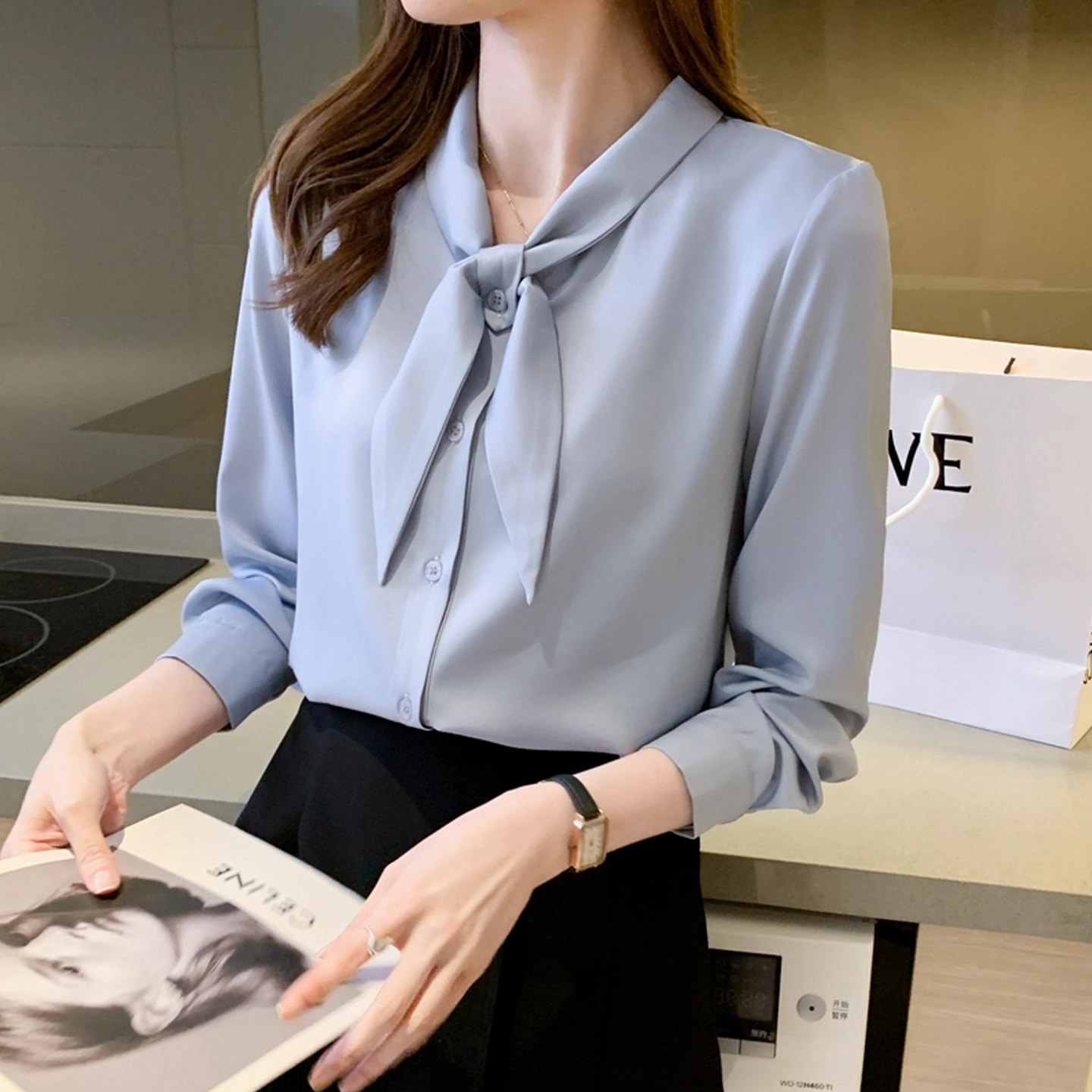 兔耳领结缎面衬衫女秋季长袖衬衣图片