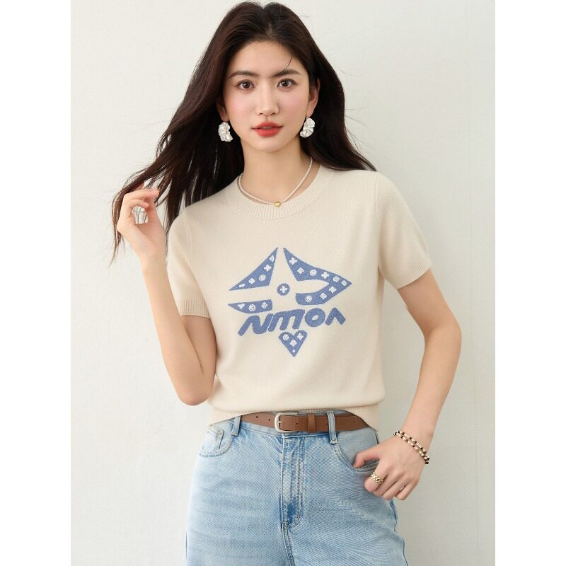 短袖t恤女2026夏季新款设计感刺绣套头冰丝针织衫韩系chic小上衣