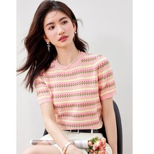短袖t恤女2025新款开春多巴胺穿搭薄款冰丝针织衫粉色条纹上衣潮