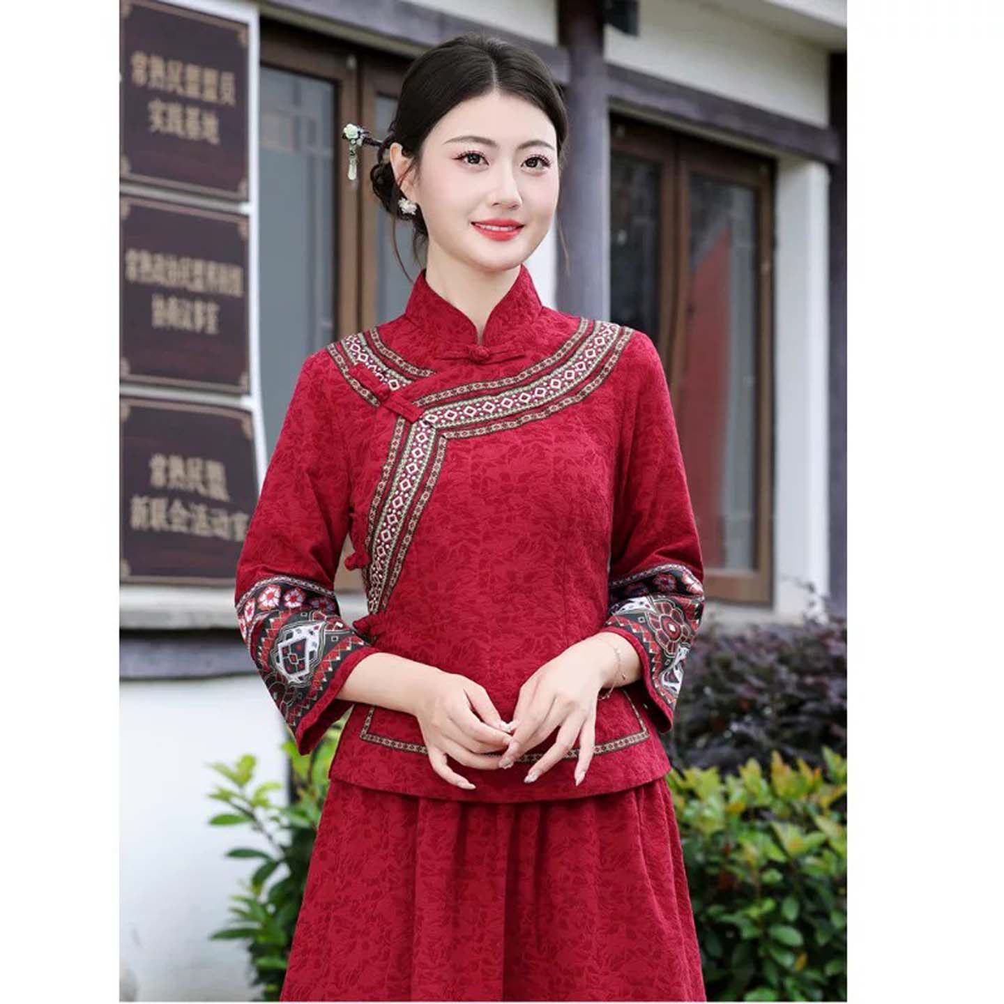新中式汉服女秋季大码女装唐装民族风改良旗袍上衣半身裙两件套装