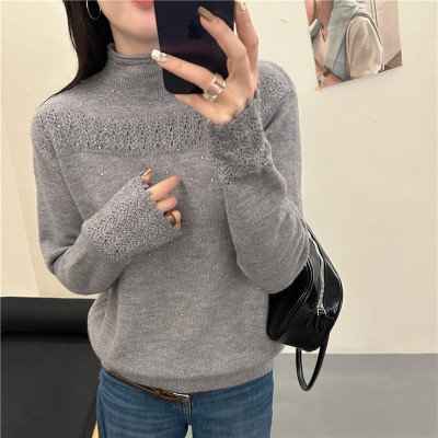 半高领毛衣女冬季钩花烫钻针织衫