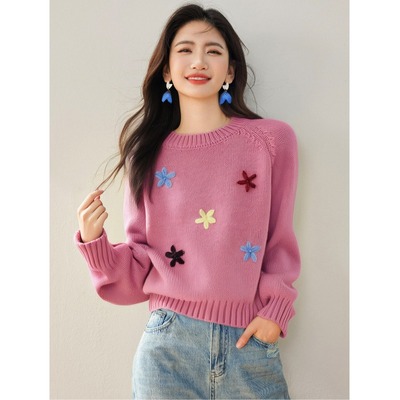 套头毛衣女秋冬季立体花朵针织衫