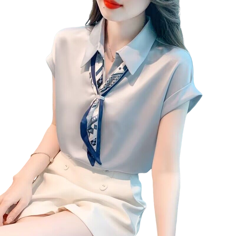 短袖缎面职业装衬衫女丝巾领高档