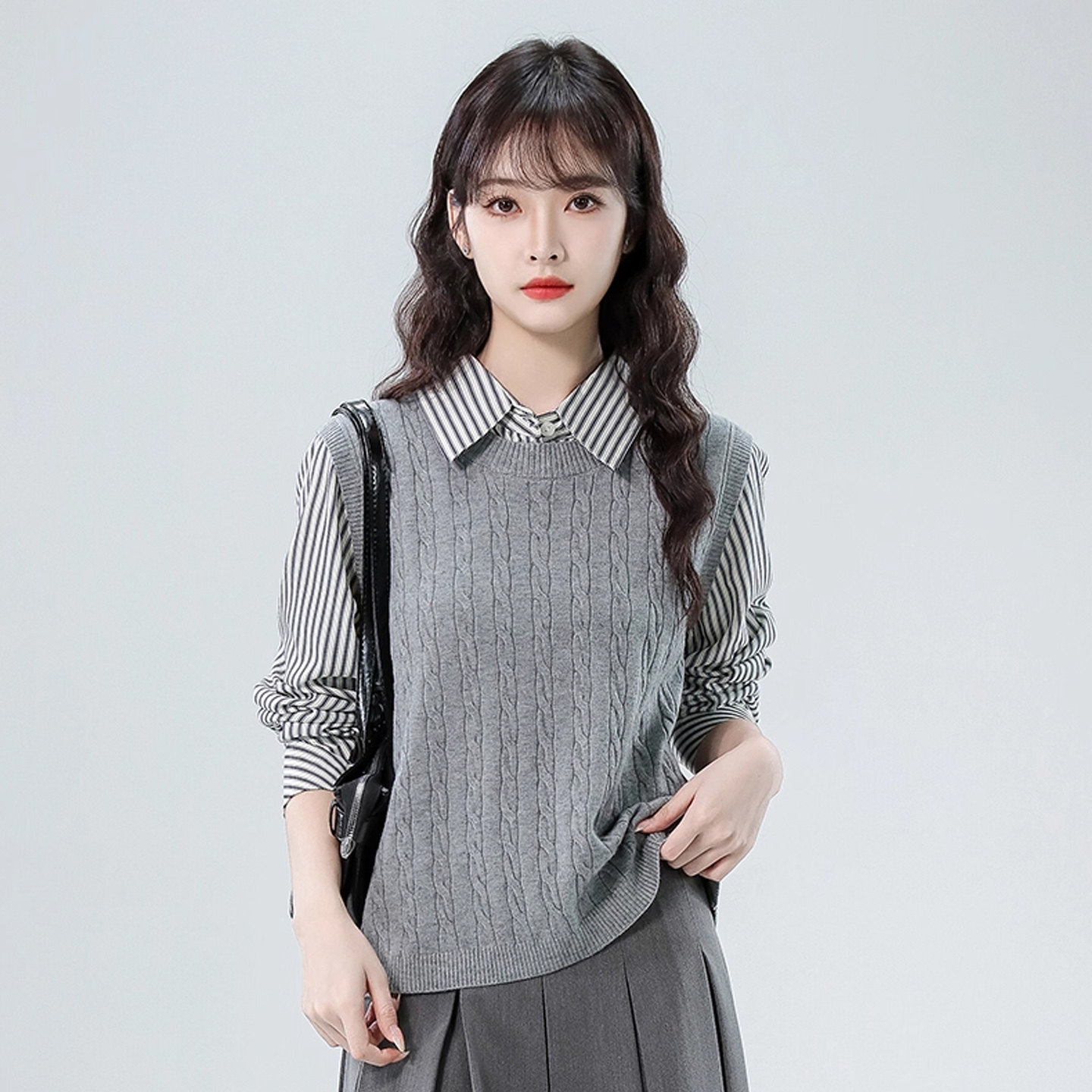 假两件毛衣女2025新款秋冬季学院风条纹衬衫拼接针织马甲叠穿上衣,女装/女士精品,毛针织衫,淘宝优惠券,粉丝福利购,淘宝优惠卷